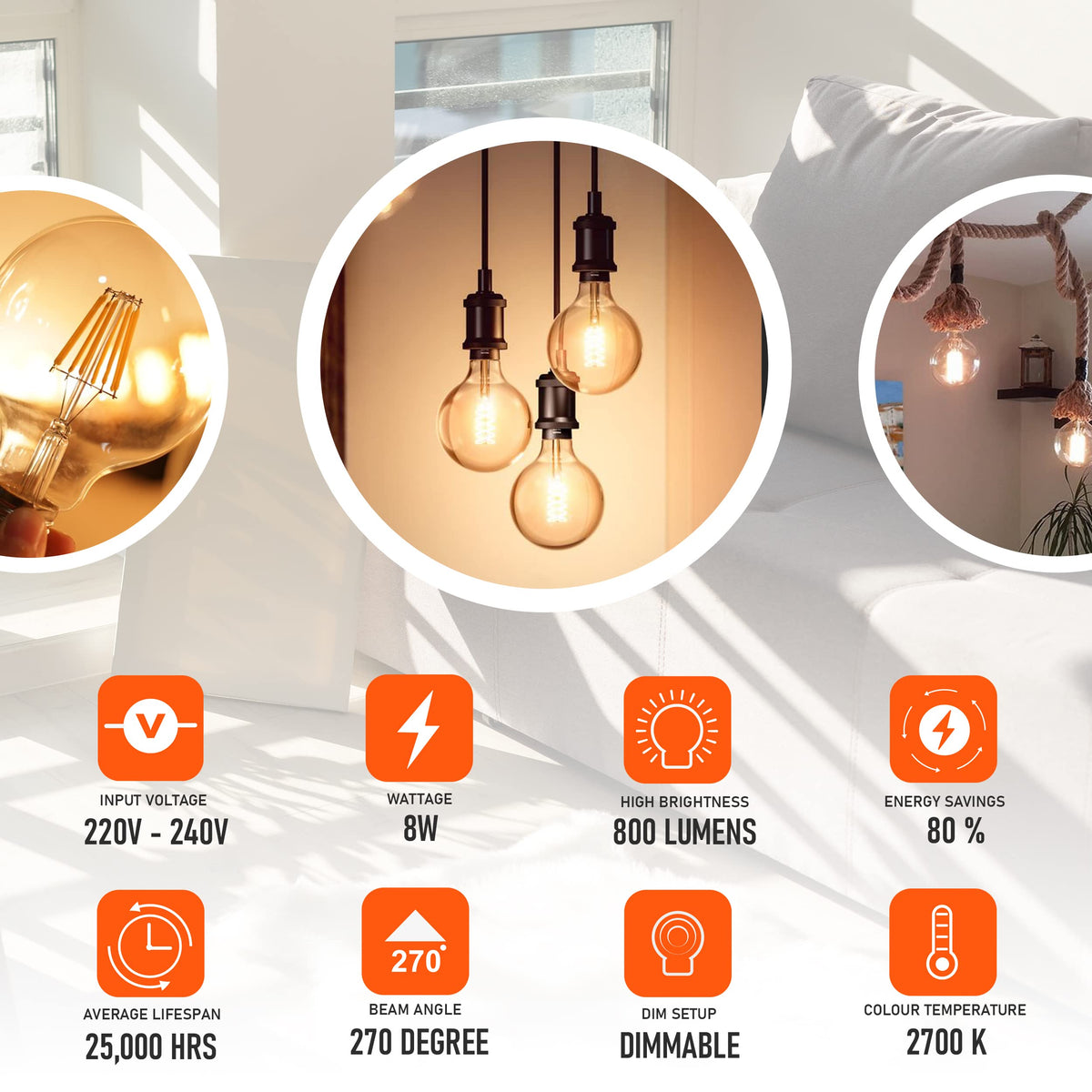 Dimmable G125 LED Filament Globe Bulb Amber – E27 & B22 - photo 6