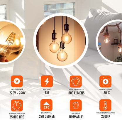 Dimmable G125 LED Filament Globe Bulb Amber – E27 & B22 - photo 6