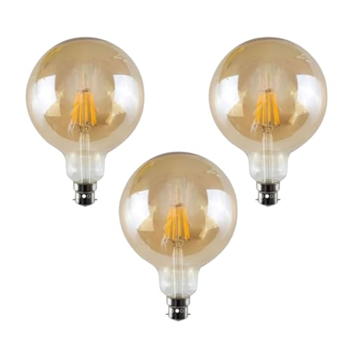 Dimmable G125 LED Filament Globe Bulb Amber – E27 & B22 - B22, 8W, Pack of 3