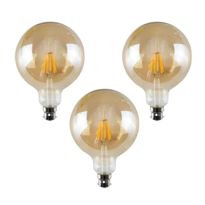 Dimmable G125 LED Filament Globe Bulb Amber – E27 & B22 - B22, 8W, Pack of 3