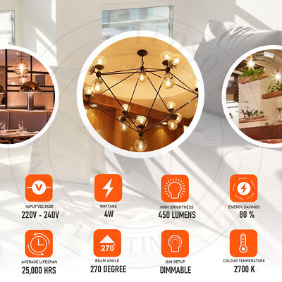 Dimmable G95 LED Filament Globe Bulb Amber – E27 & B22 - B22, 4W, Pack of 10