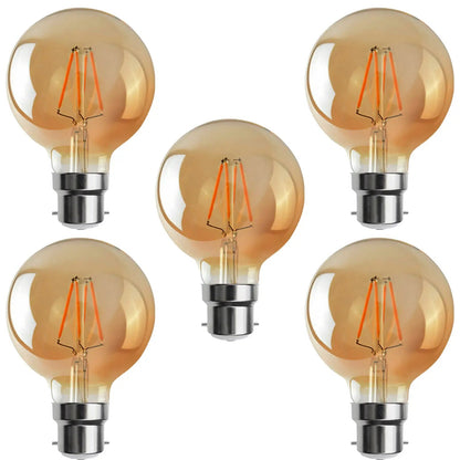 Dimmable G95 LED Filament Globe Bulb Amber – E27 & B22 - B22, 4W, Pack of 5