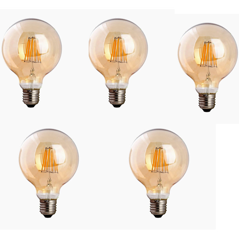 Dimmable G95 LED Filament Globe Bulb Amber – E27 & B22 - E27, 8W, Pack of 5