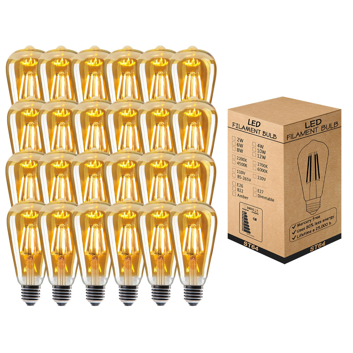 Dimmable ST64 LED Filament Bulb Amber – E27 & B22 - E27, 4W, Pack of 24