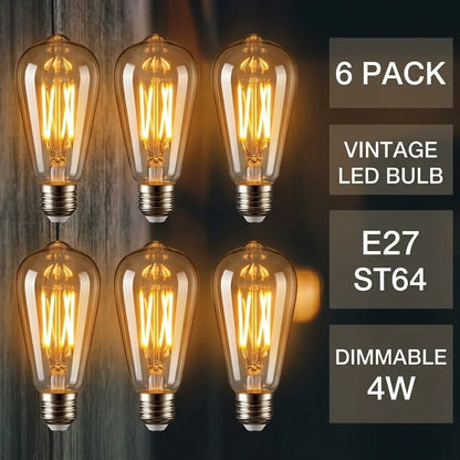 Dimmable ST64 LED Filament Bulb Amber – E27 & B22 - E27, 4W, Pack of 6