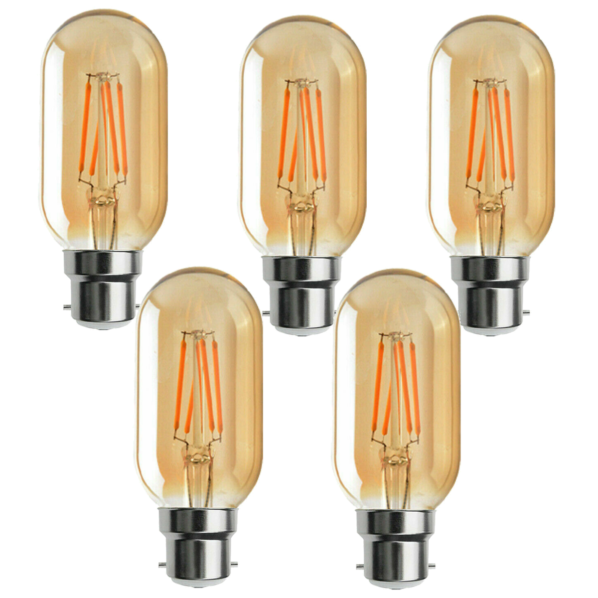 Dimmable T45 Tubular LED Filament Bulb Amber – E27 & B22 - B22, 4W, Pack of 5