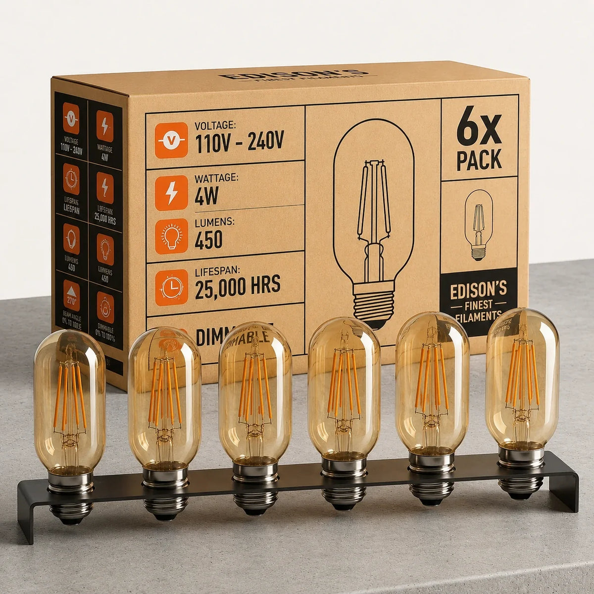 Dimmable T45 Tubular LED Filament Bulb Amber – E27 & B22 - E27, 4W, Pack of 6