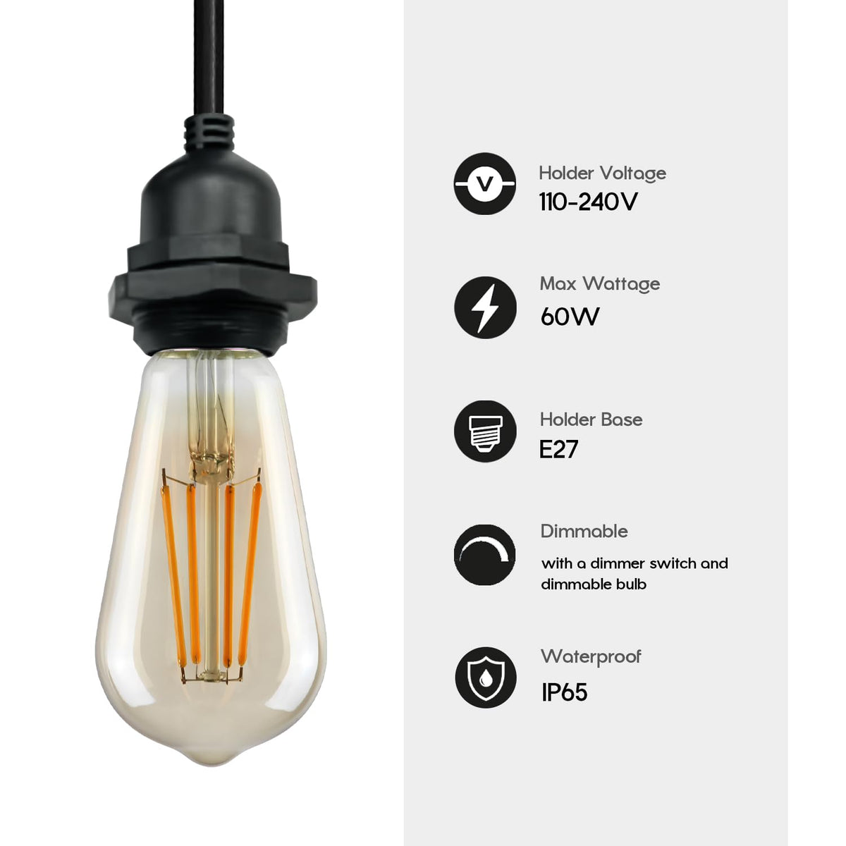 IP65 Swag Pendant Light – Black, Ceiling Hook, E27 - photo 8