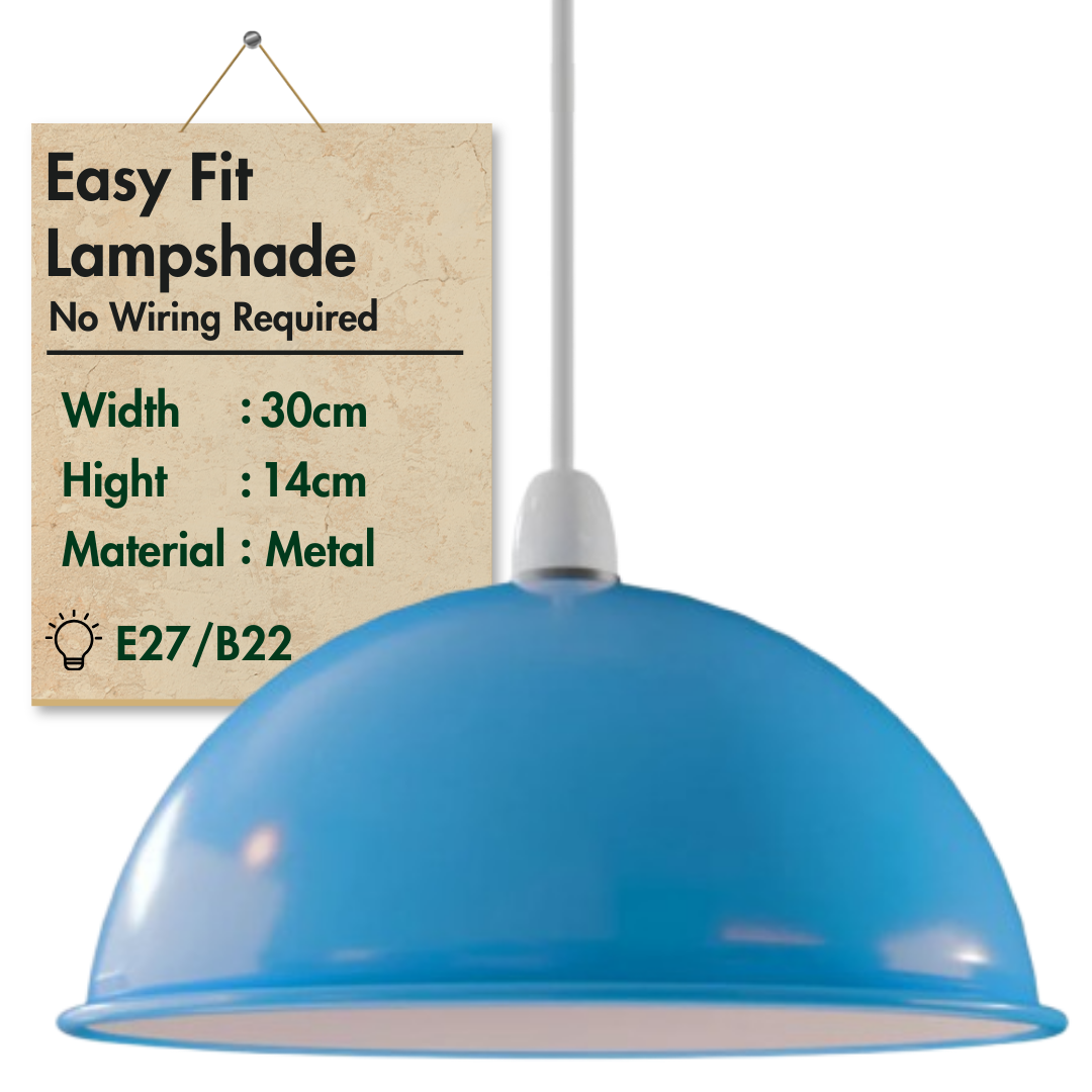 Metal Dome Lamp Shade – Easy Fit, 21 or 30 cm, Many Colours - Light Blue, 30 cm with Reducer Ring, Single