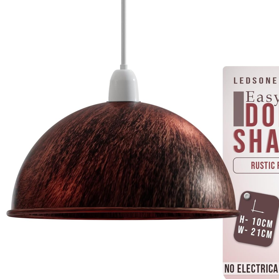Metal Dome Lamp Shade – Easy Fit, 21 or 30 cm, Many Colours - Rustic Red, 21 cm with Reducer Ring, Single