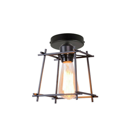Semi Flush Ceiling Light – Dome, Crystal or Wire Cage Shade, Black, E27 - Black, Box Cage Black, Without Bulb