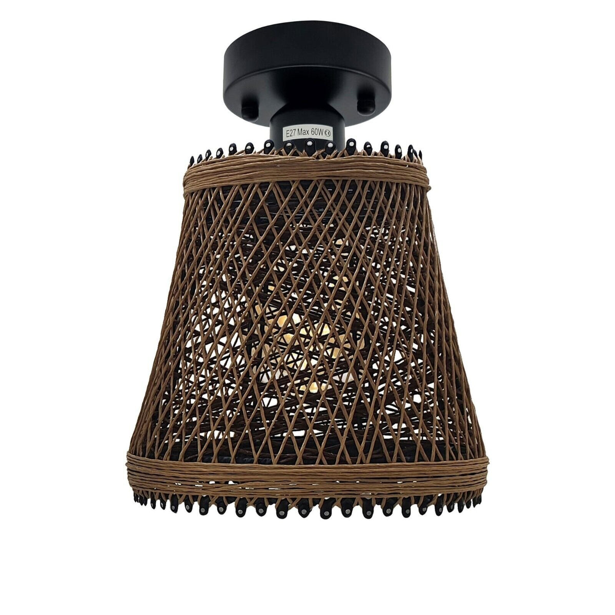 Semi Flush Ceiling Light – Dome, Crystal or Wire Cage Shade, Black, E27 - Black, Hemp Basket Cage, Without Bulb
