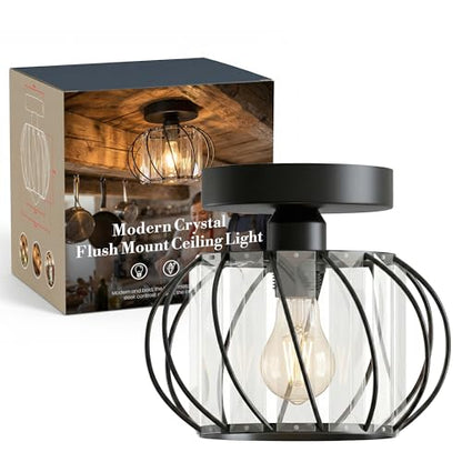 Semi Flush Ceiling Light – Dome, Crystal or Wire Cage Shade, Black, E27 - Black, Crystal Cage 18 cm Black, Without Bulb