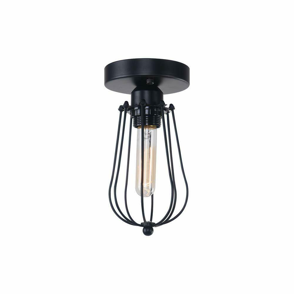 Semi Flush Ceiling Light – Dome, Crystal or Wire Cage Shade, Black, E27 - Black, Round Cage Black, T130 LED Bulb 4W