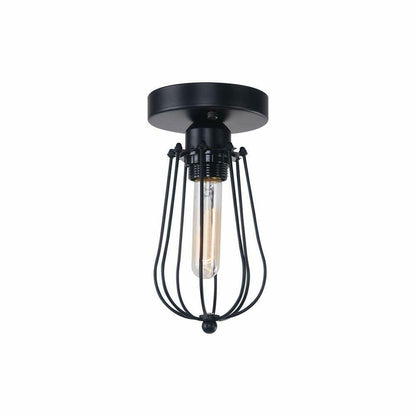 Semi Flush Ceiling Light – Dome, Crystal or Wire Cage Shade, Black, E27 - Black, Round Cage Black, T130 LED Bulb 4W