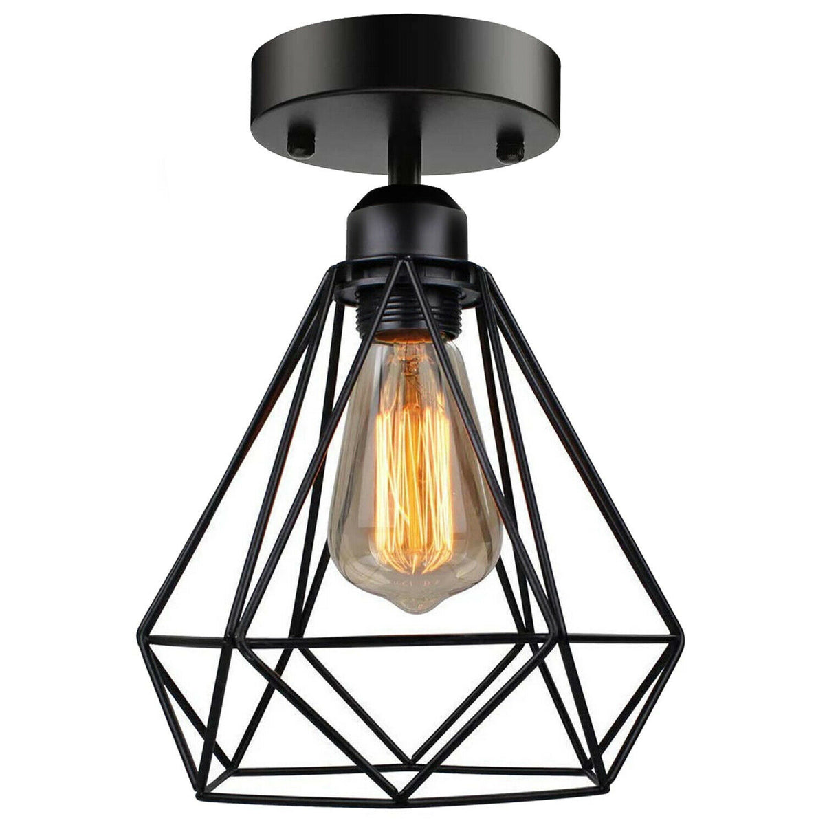 Semi Flush Ceiling Light – Dome, Crystal or Wire Cage Shade, Black, E27 - Black, Diamond Cage Black, Without Bulb