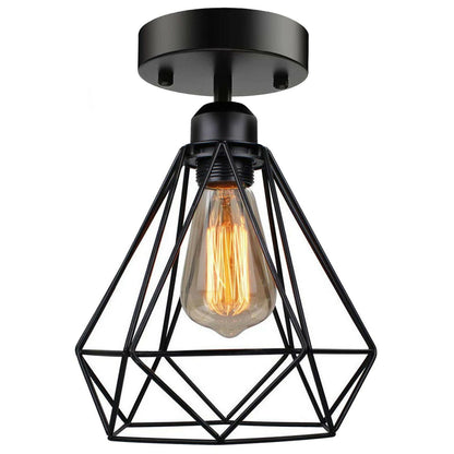 Semi Flush Ceiling Light – Dome, Crystal or Wire Cage Shade, Black, E27 - Black, Diamond Cage Black, Without Bulb