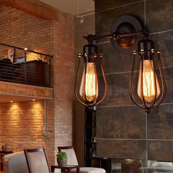 Double Head Wall Light with Cages – Black or Rustic Red, 2 x E27 - photo 9