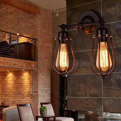 Double Head Wall Light with Cages – Black or Rustic Red, 2 x E27 - photo 9