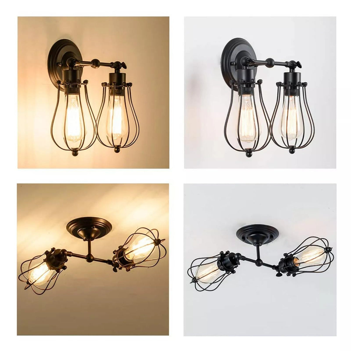Double Head Wall Light with Cages – Black or Rustic Red, 2 x E27 - photo 10