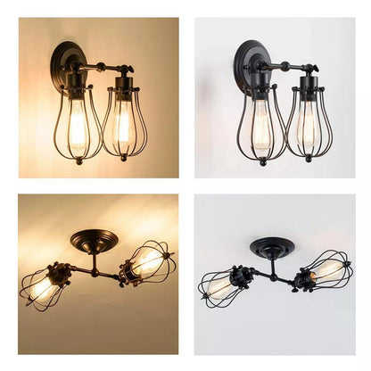 Double Head Wall Light with Cages – Black or Rustic Red, 2 x E27 - photo 10