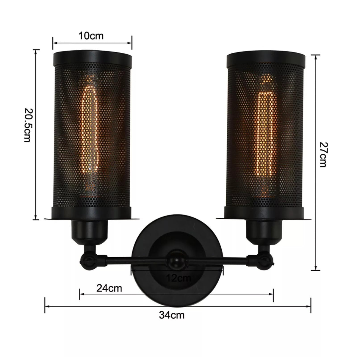 Double Head Wall Light with Cages – Black or Rustic Red, 2 x E27 - photo 12