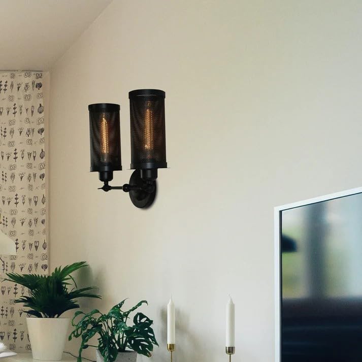 Double Head Wall Light with Cages – Black or Rustic Red, 2 x E27 - photo 14