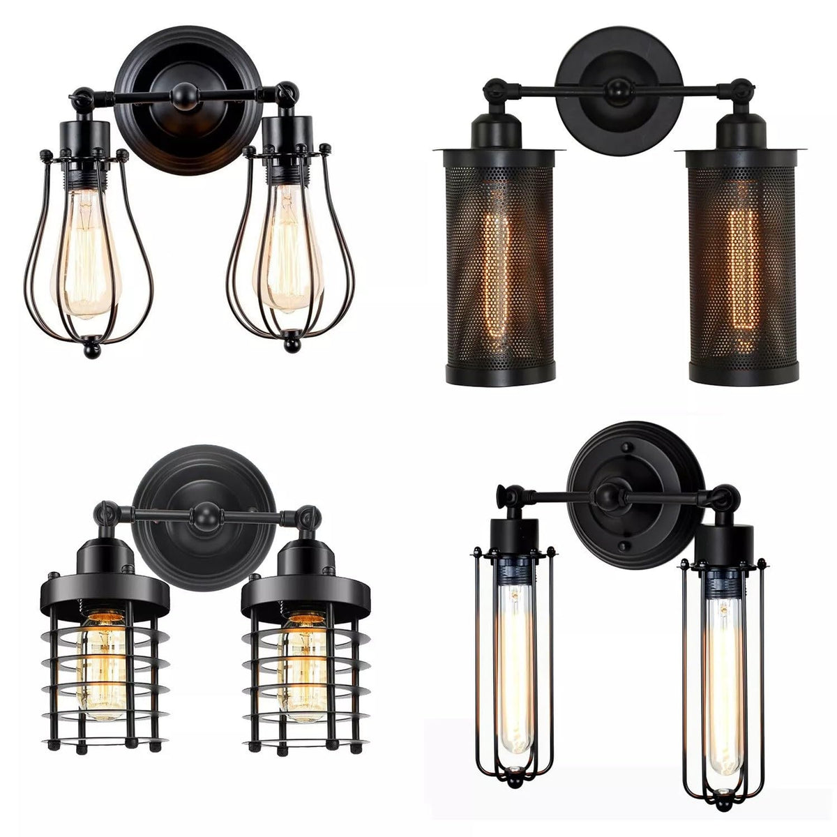 Double Head Wall Light with Cages – Black or Rustic Red, 2 x E27 - photo 18
