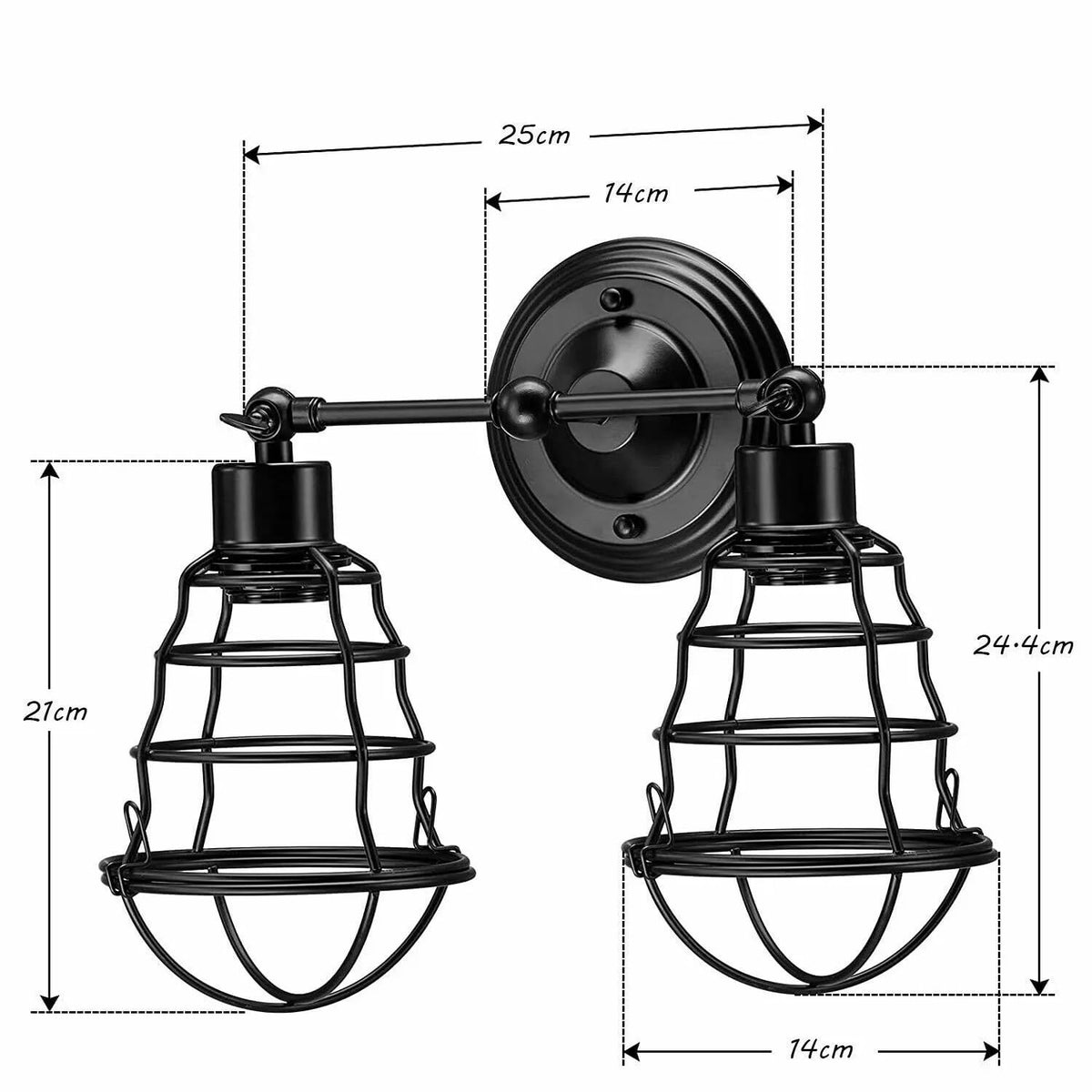 Double Head Wall Light with Cages – Black or Rustic Red, 2 x E27 - photo 2