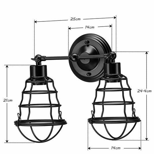 Double Head Wall Light with Cages – Black or Rustic Red, 2 x E27 - photo 2