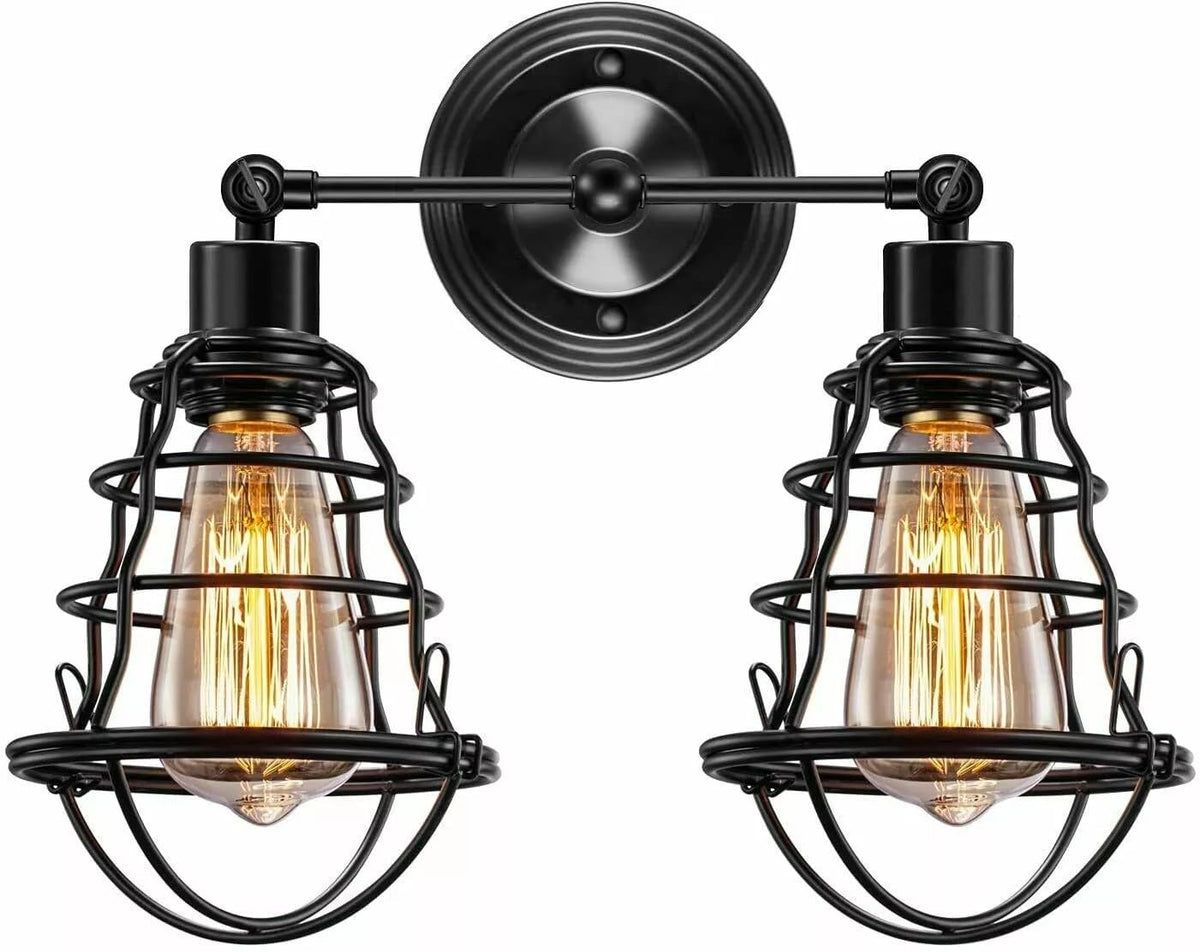 Double Head Wall Light with Cages – Black or Rustic Red, 2 x E27 - photo 25