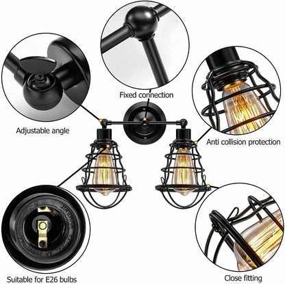 Double Head Wall Light with Cages – Black or Rustic Red, 2 x E27 - photo 5