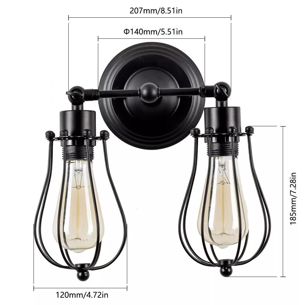 Double Head Wall Light with Cages – Black or Rustic Red, 2 x E27 - photo 7