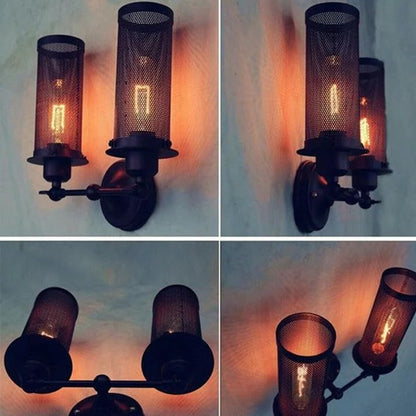 Double Head Wall Light with Cages – Black or Rustic Red, 2 x E27 - Black, Cage Drum Black, Without Bulb
