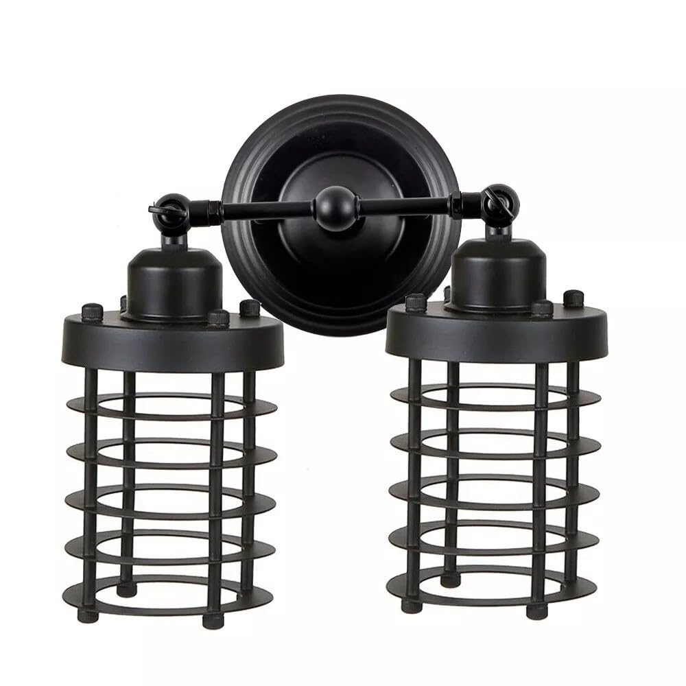 Double Head Wall Light with Cages – Black or Rustic Red, 2 x E27 - Black, Bulb Guard Black, Without Bulb