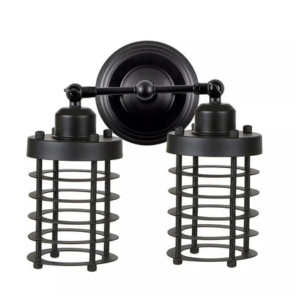 Double Head Wall Light with Cages – Black or Rustic Red, 2 x E27 - Black, Bulb Guard Black, Without Bulb