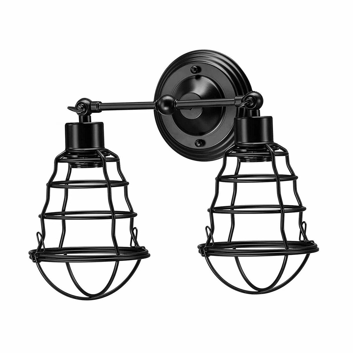 Double Head Wall Light with Cages – Black or Rustic Red, 2 x E27 - Black, Cage Black, Without Bulb