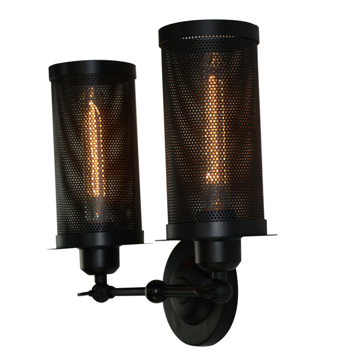 Double Head Wall Light with Cages – Black or Rustic Red, 2 x E27 - Black, Drum Black, ST64 LED Bulb 4W