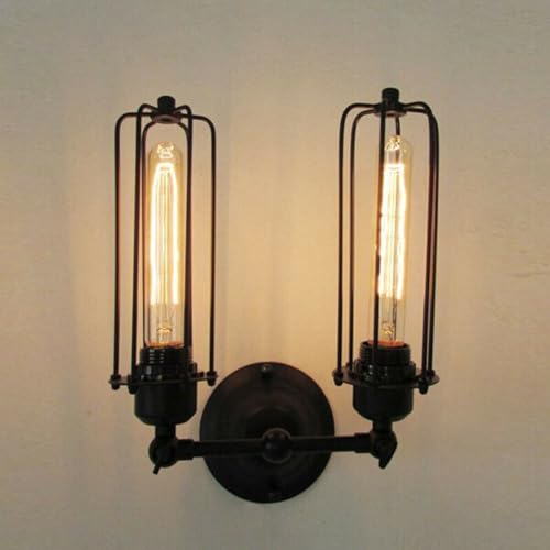 Double Head Wall Light with Cages – Black or Rustic Red, 2 x E27 - Black, Long Cage Black 140 mm Rose, Without Bulb