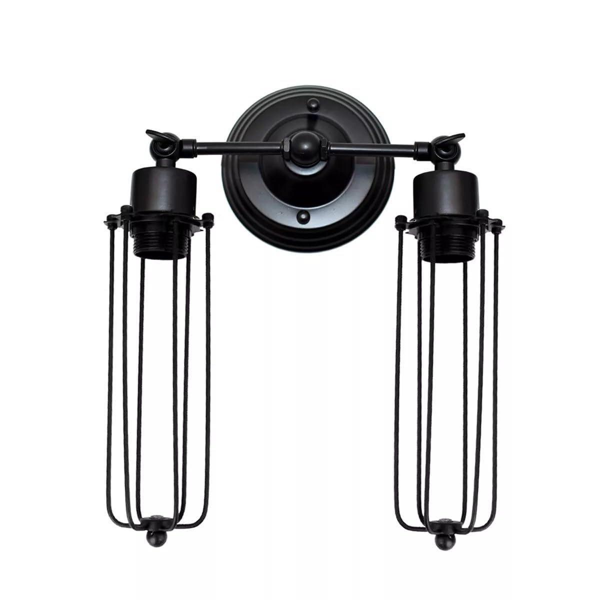 Double Head Wall Light with Cages – Black or Rustic Red, 2 x E27 - Black, Long Cage Black, Without Bulb