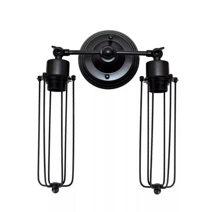 Double Head Wall Light with Cages – Black or Rustic Red, 2 x E27 - Black, Long Cage Black, Without Bulb