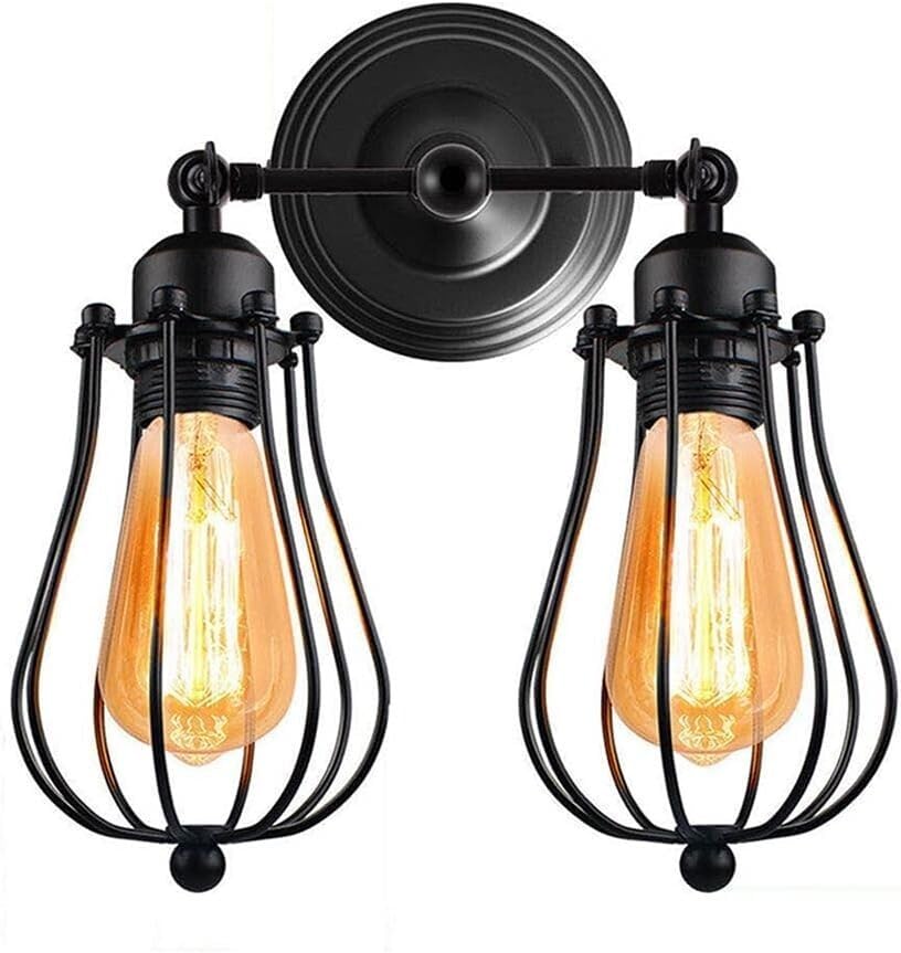 Double Head Wall Light with Cages – Black or Rustic Red, 2 x E27 - Black, Round Cage Black, T130 LED Bulb 4W