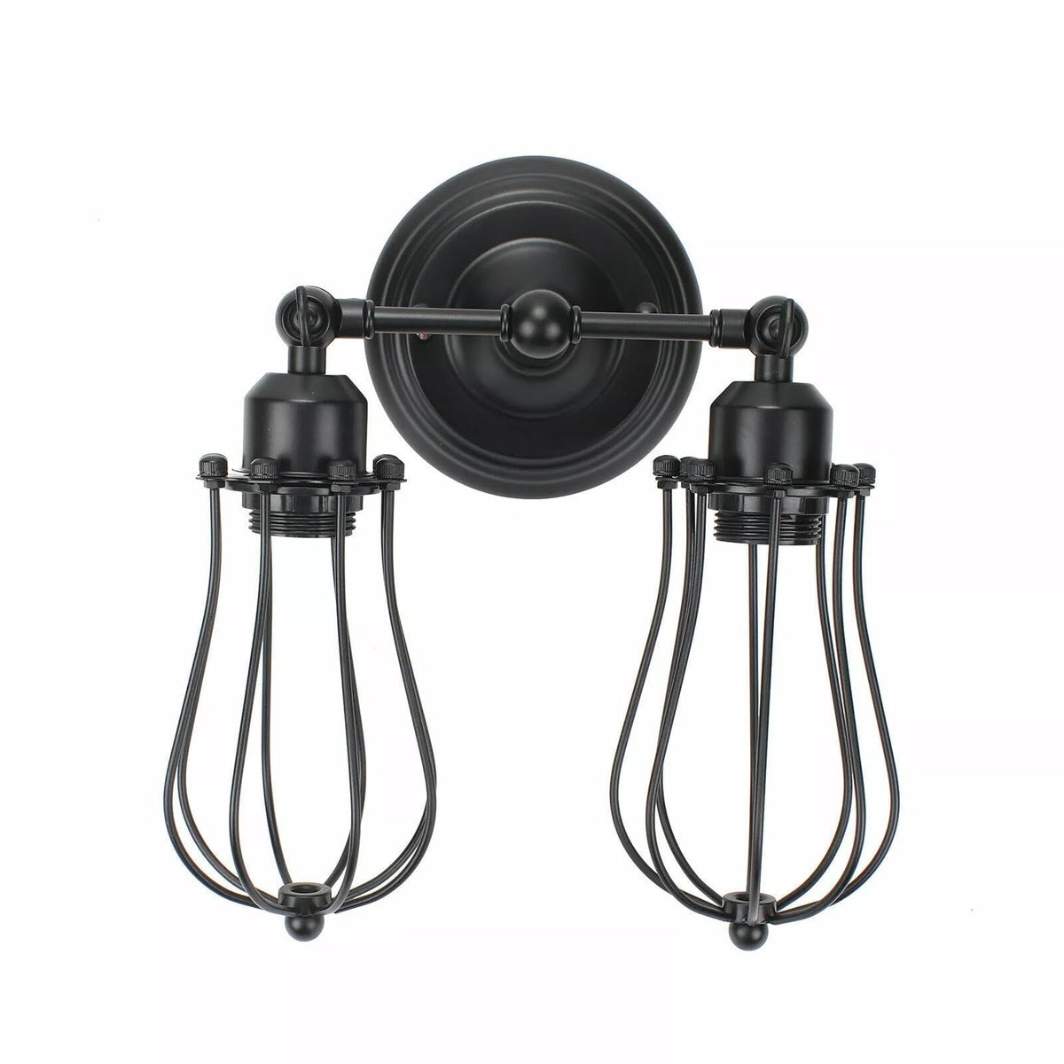 Double Head Wall Light with Cages – Black or Rustic Red, 2 x E27 - Black, Round Cage Black, Without Bulb