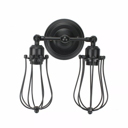 Double Head Wall Light with Cages – Black or Rustic Red, 2 x E27 - Black, Round Cage Black, Without Bulb