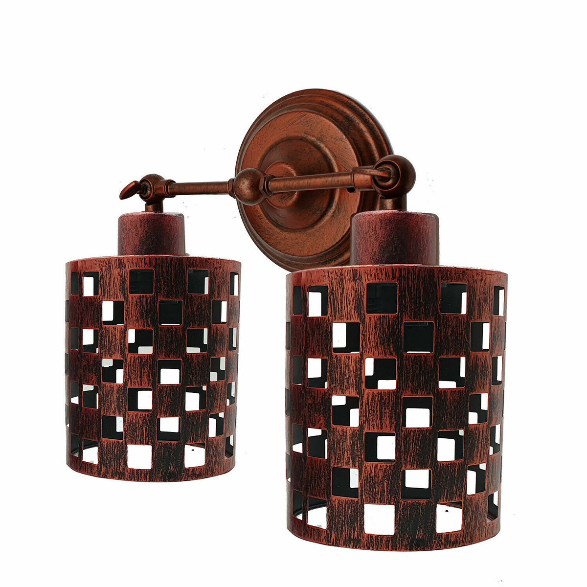Double Head Wall Light with Cages – Black or Rustic Red, 2 x E27 - Rustic Red, Barrel Cage Rustic Red 140 mm Rose, Without Bulb