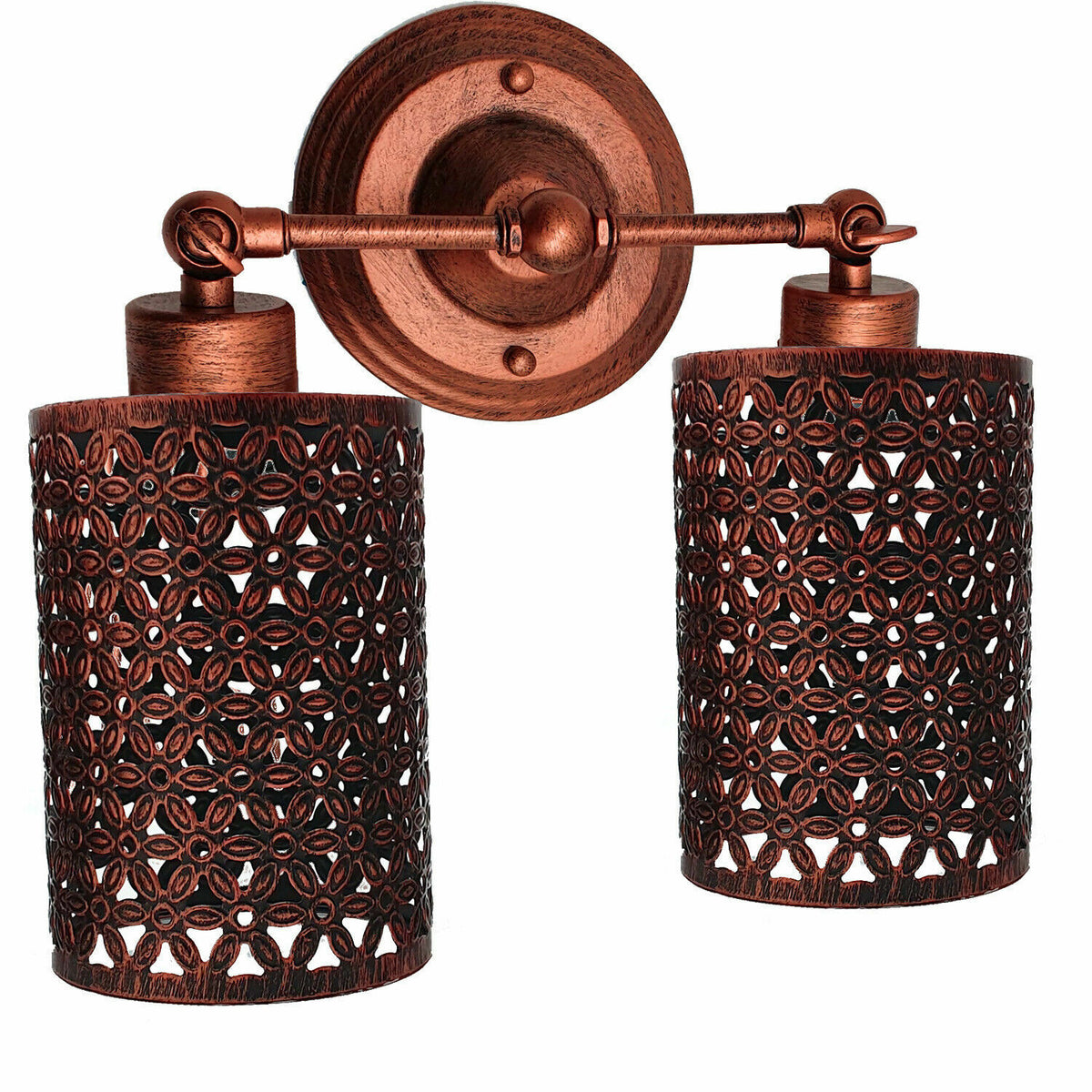 Double Head Wall Light with Cages – Black or Rustic Red, 2 x E27 - Rustic Red, Barrel Cage Style 2 Rustic Red, Without Bulb