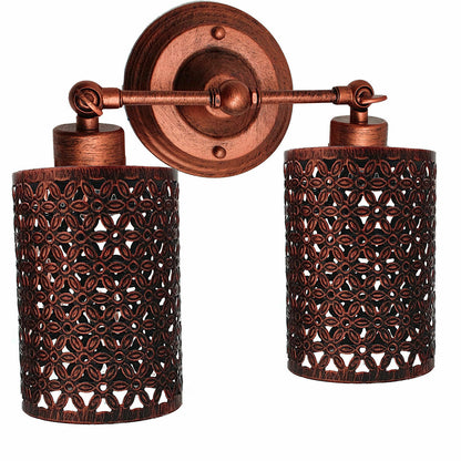 Double Head Wall Light with Cages – Black or Rustic Red, 2 x E27 - Rustic Red, Barrel Cage Style 2 Rustic Red, Without Bulb
