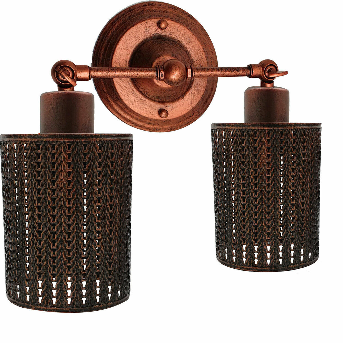 Double Head Wall Light with Cages – Black or Rustic Red, 2 x E27 - Rustic Red, Barrel Cage Style 3 Rustic Red, Without Bulb