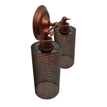 Double Head Wall Light with Cages – Black or Rustic Red, 2 x E27 - Rustic Red, Drum Rustic Red, Without Bulb