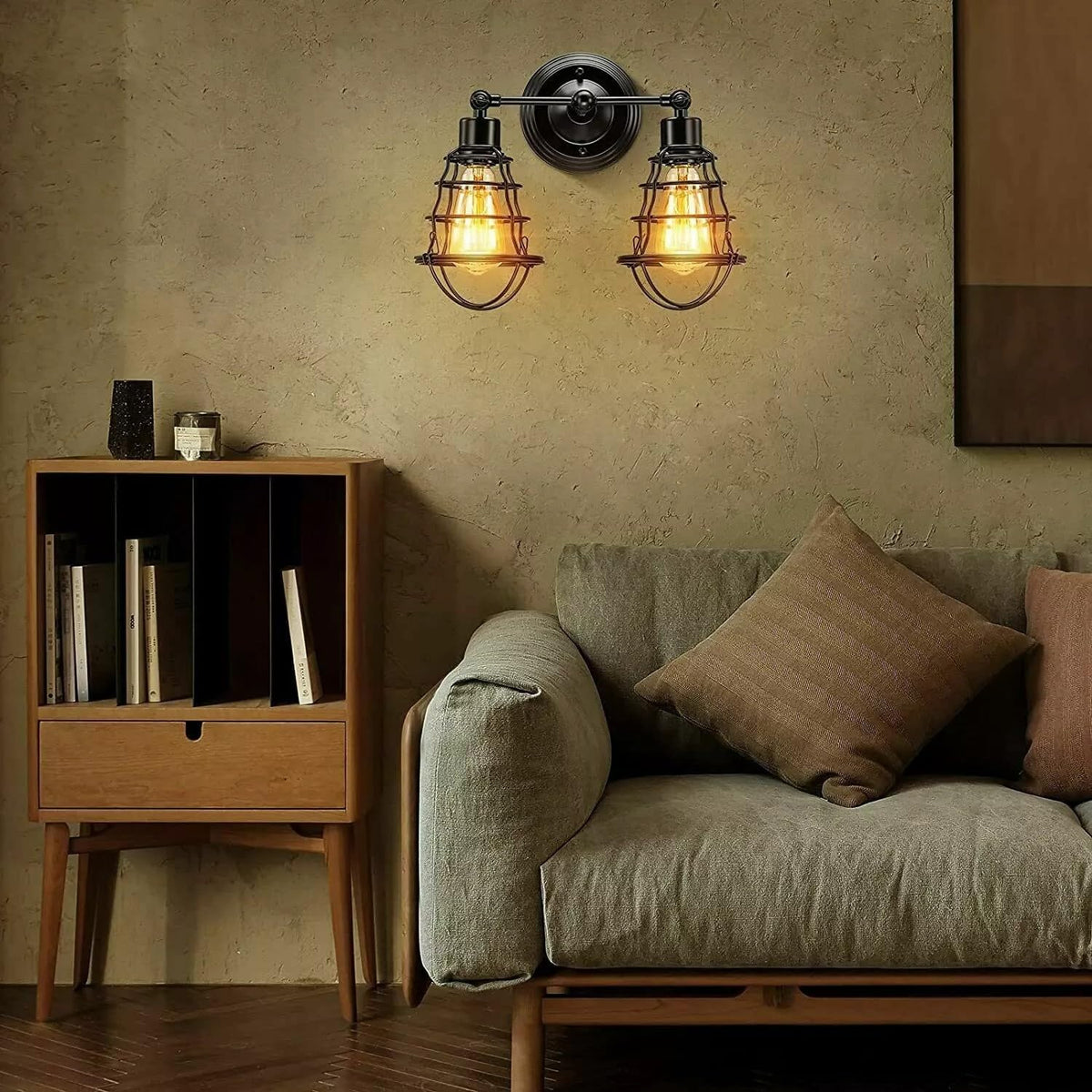 Double Head Wall Light with Cages – Black or Rustic Red, 2 x E27